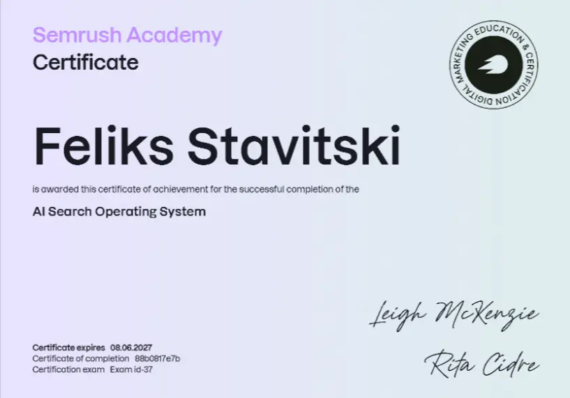 Semrush Academy AI Search Operating System Sertifikaat — Feliks Stavitski